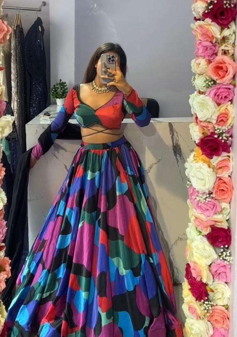 Multicolor Silk Blend Lehenga Set with Printed for Diwali | Wedding & Festive Wear - Indya