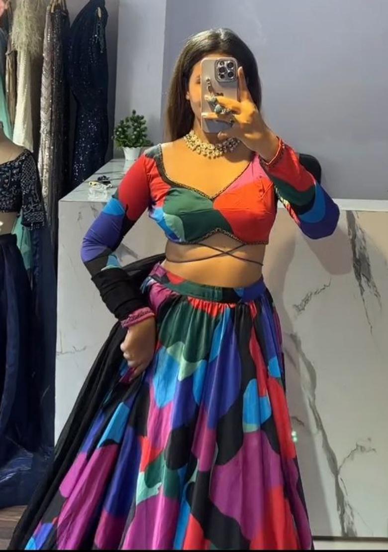 Multicolor Printed Silk Lehenga Set - Indya