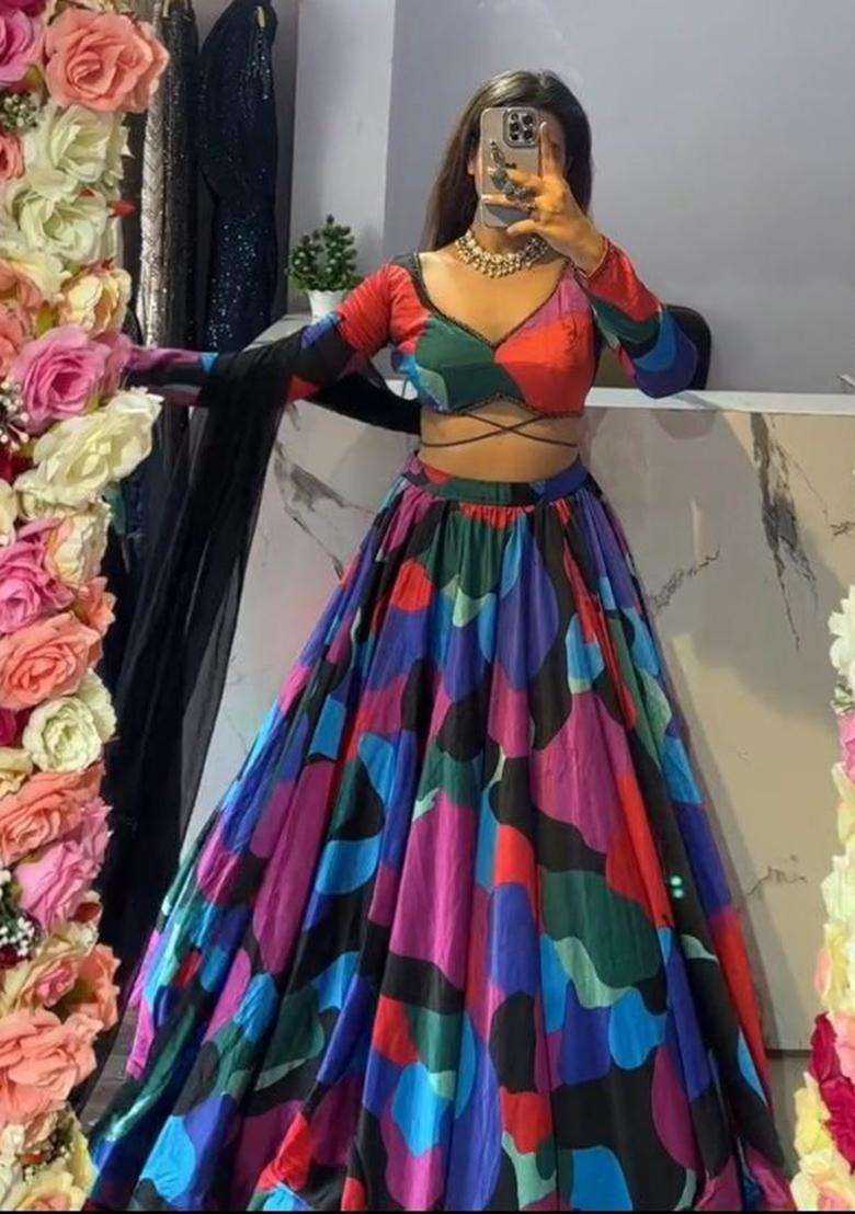Multicolor Silk Blend Lehenga Set with Printed for Diwali | Wedding & Festive Wear - Indya