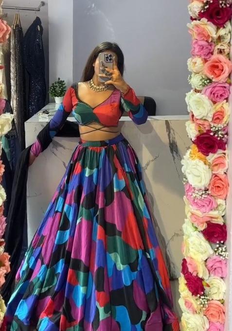 Multicolor Printed Silk Lehenga Set