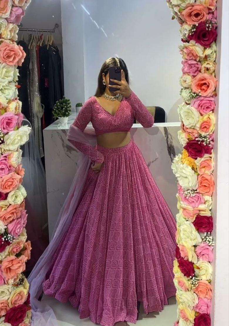 Multicolor Printed Georgette Lehenga Set for Diwali and Festive Wear - Indya