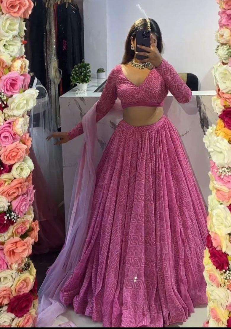 Multicolor Printed Georgette Lehenga Set for Diwali and Festive Wear - Indya
