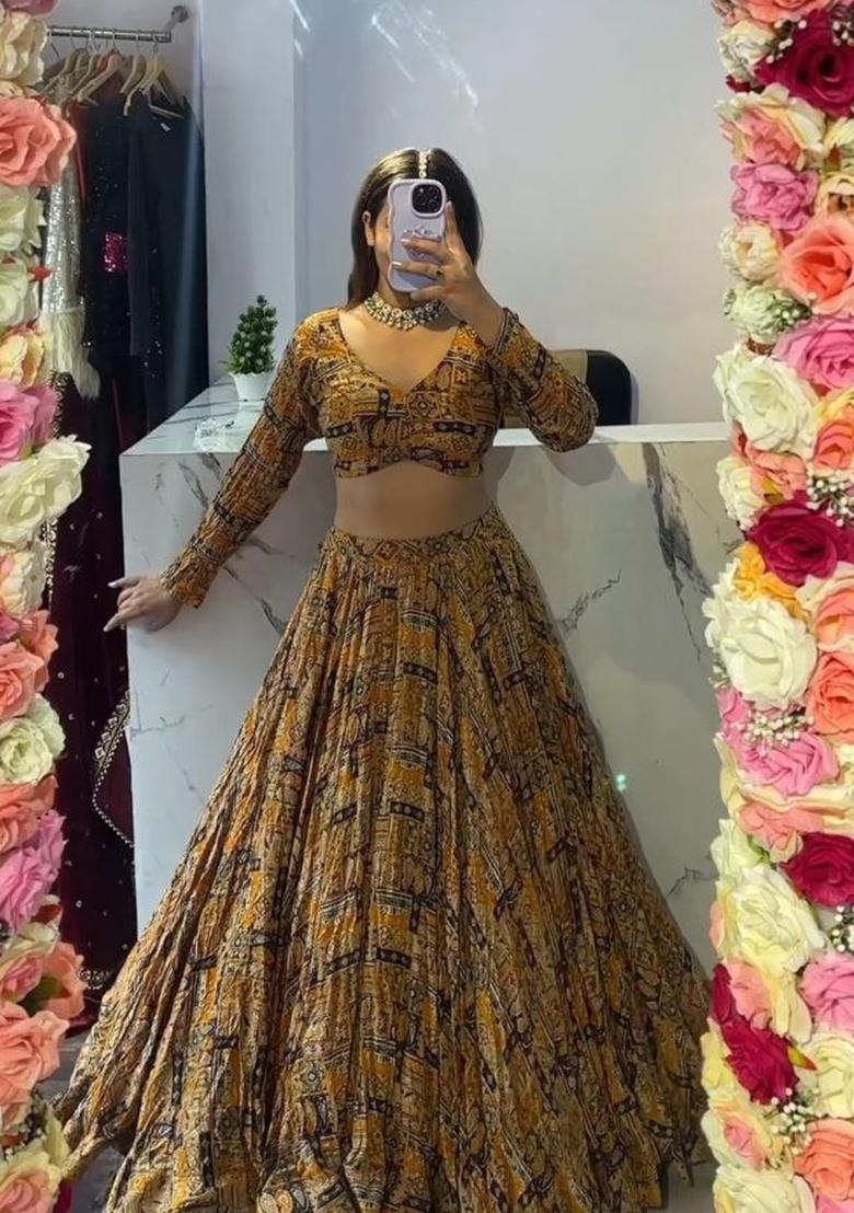 Multicolor Printed Silk Lehenga Set - Indya
