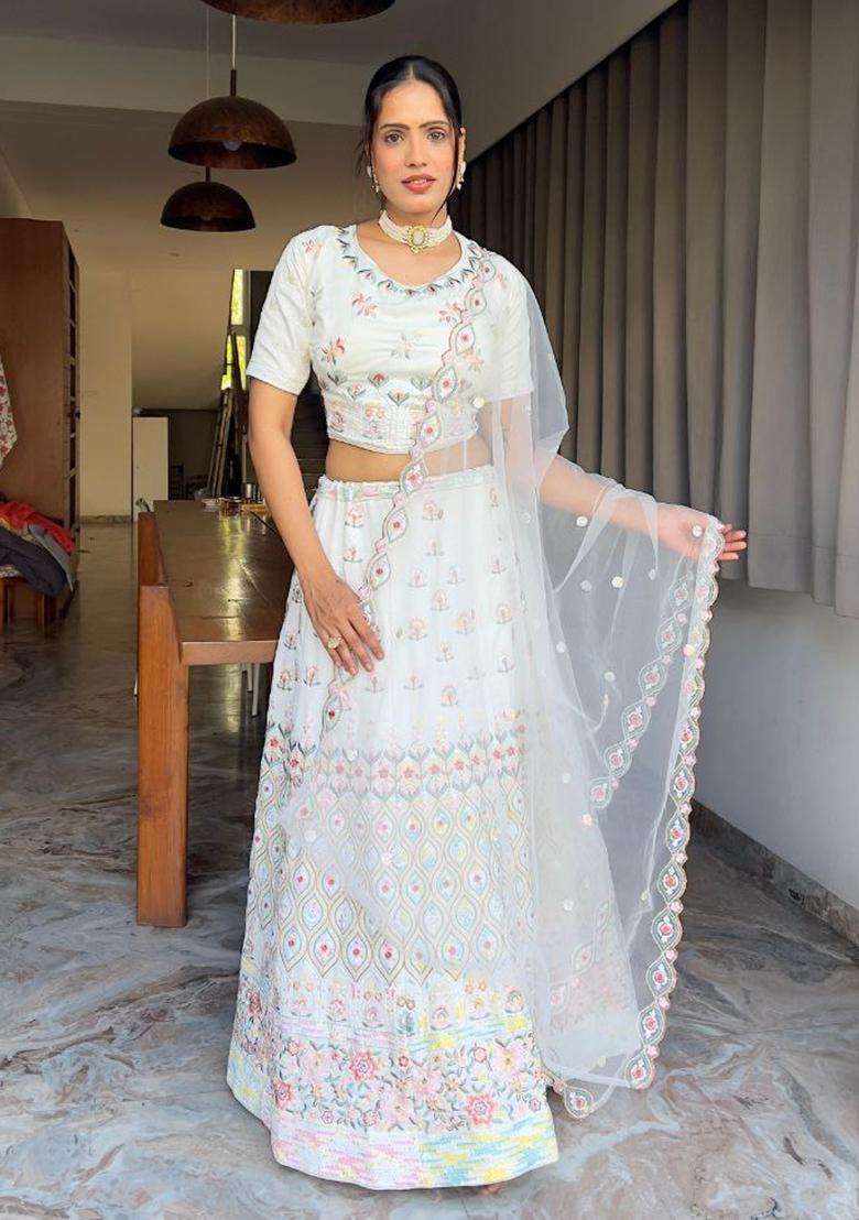 Multicolor Embroidery Georgette Lehenga Set for Diwali and Festive Wear - Indya