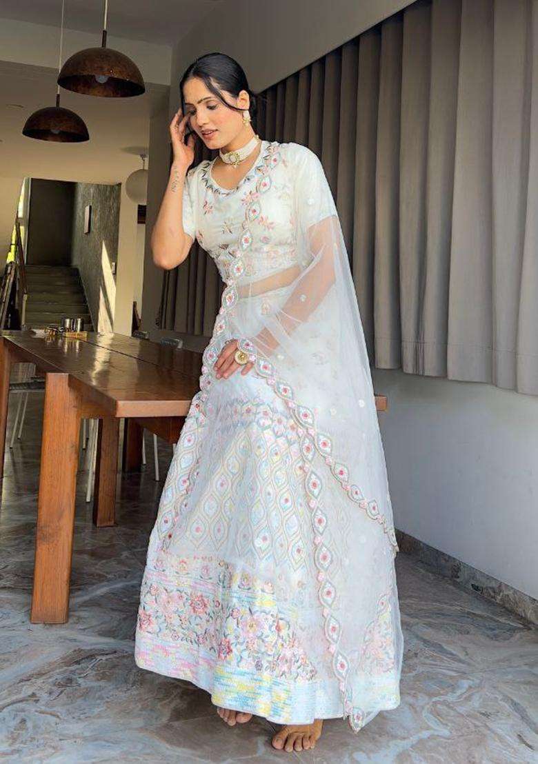 Multicolor Embroidery Georgette Lehenga Set for Diwali and Festive Wear - Indya