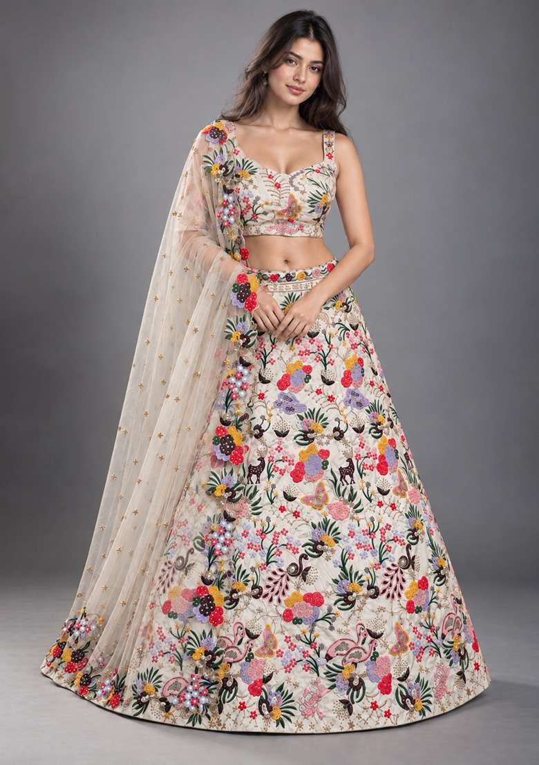 Multicolor Embroidery Georgette Lehenga Set for Diwali and Festive Wear - Indya