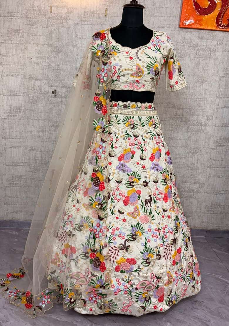 Multicolor Embroidery Georgette Lehenga Set for Diwali and Festive Wear - Indya