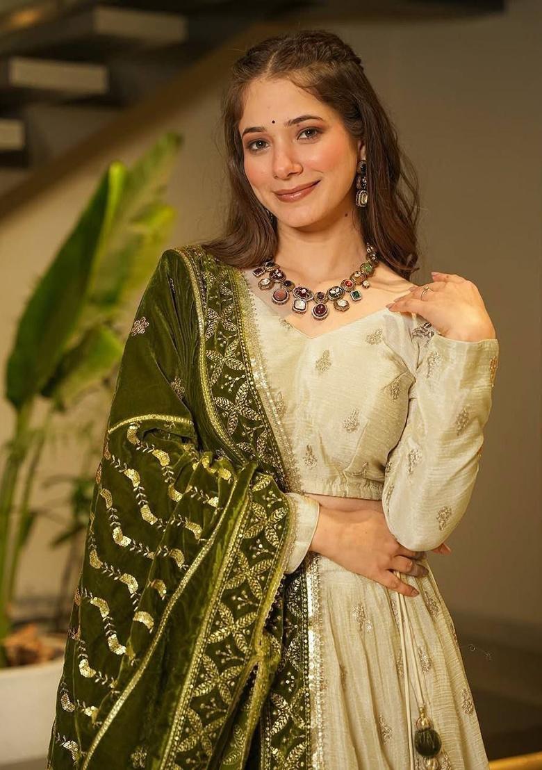 Multicolor Embroidery Silk Lehenga Set - Indya