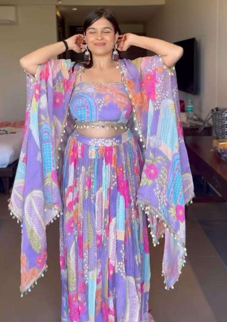 Multicolor Printed Silk Blend Lehenga Set for Diwali and Festive Wear - Indya