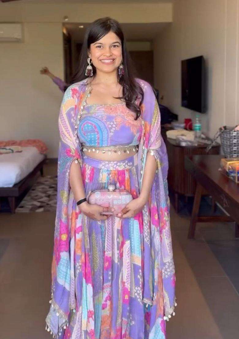 Multicolor Printed Silk Blend Lehenga Set for Diwali and Festive Wear - Indya