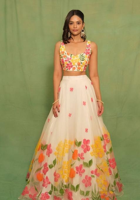 Multicolor Printed Silk Lehenga Set
