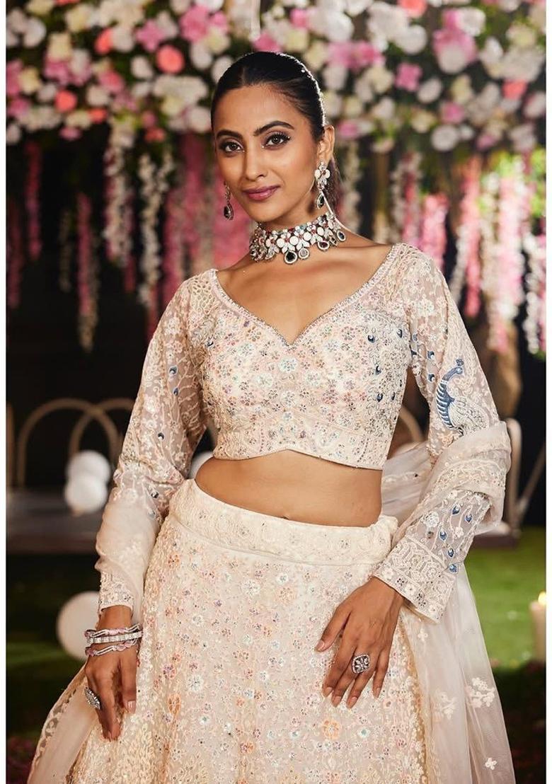 Multicolor Embroidery Net Lehenga Set - Indya