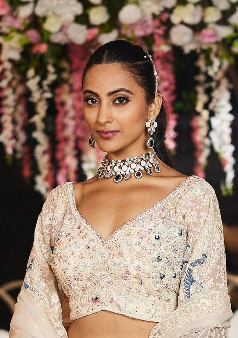 Multicolor Embroidery Net Lehenga Set - Indya