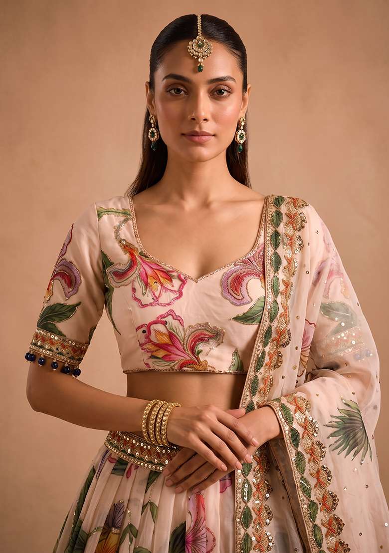Multicolor Silk Blend Lehenga Set with Printed for Diwali | Wedding & Festive Wear - Indya