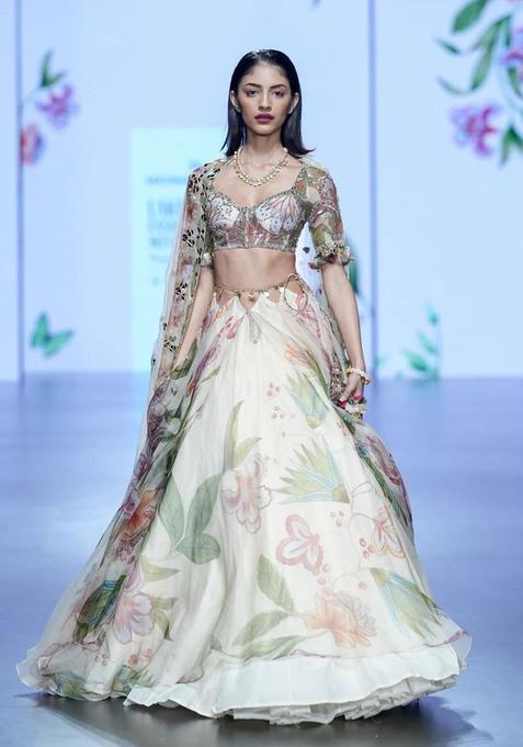 Multicolor Printed Silk Lehenga Set