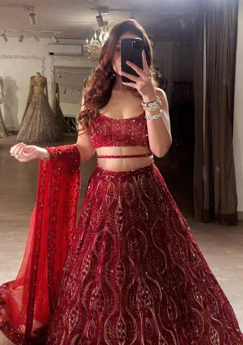 Multicolor Embroidery Net Lehenga Set - Indya