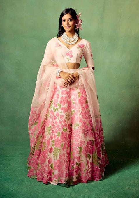 Multicolor Printed Silk Lehenga Set
