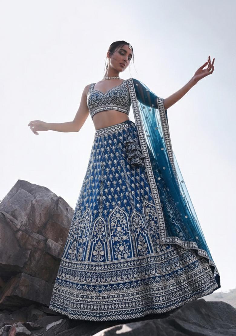 Light Navy Blue Embroidery Georgette Lehenga Set - Indya