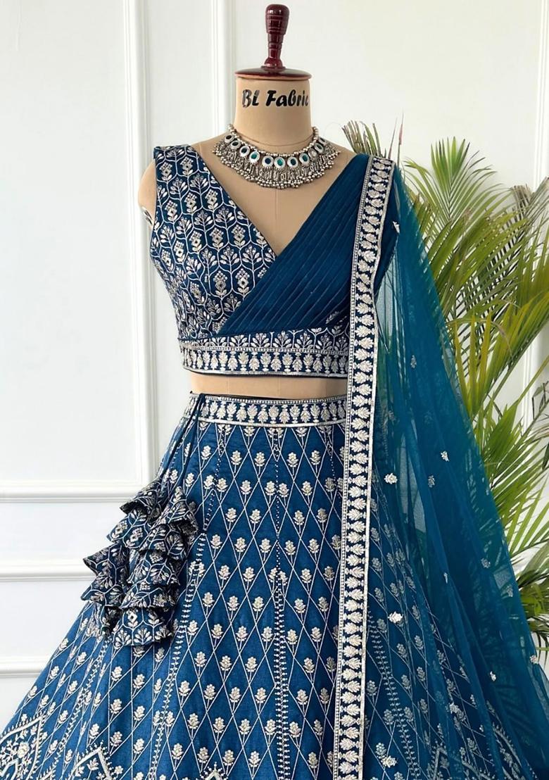 Light Navy Blue Embroidery Georgette Lehenga Set - Indya