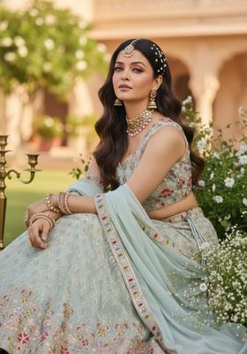 Ice Blue Embroidery Georgette Lehenga Set