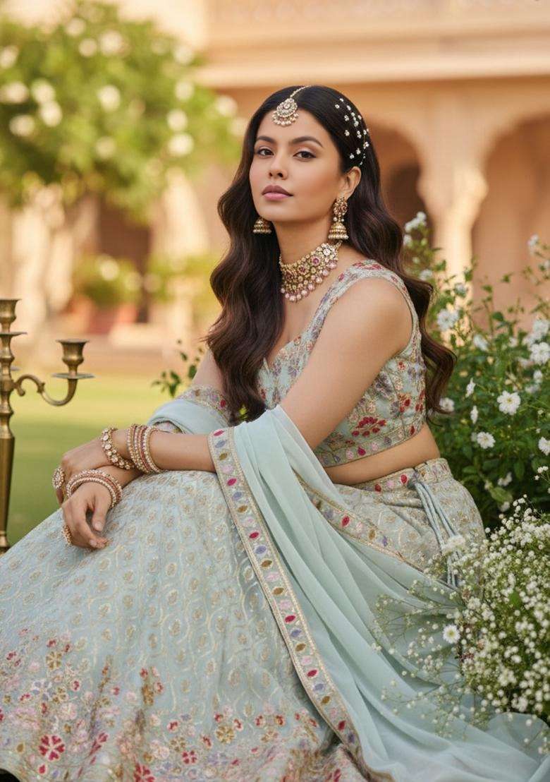 Ice Blue Georgette Lehenga Set with Embroidery for Diwali | Wedding & Festive Wear - Indya