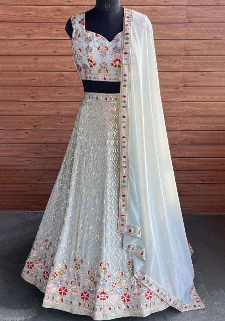 Ice Blue Georgette Lehenga Set with Embroidery for Diwali | Wedding & Festive Wear - Indya