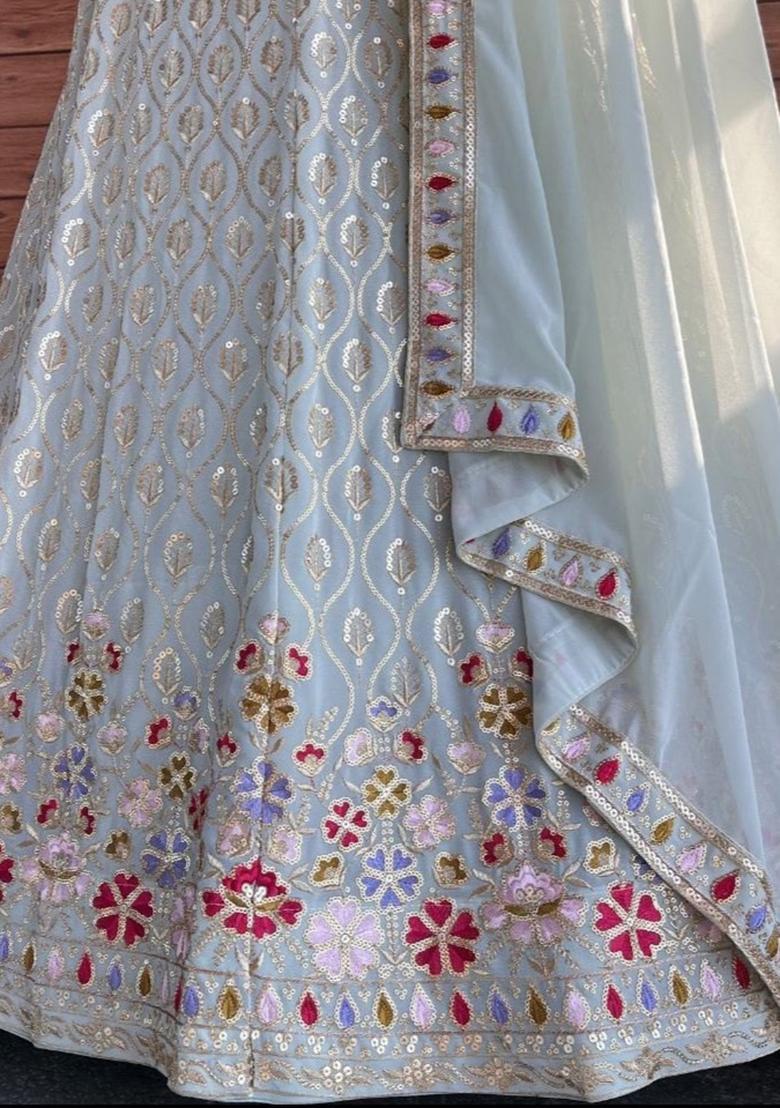 Ice Blue Embroidery Georgette Lehenga Set - Indya