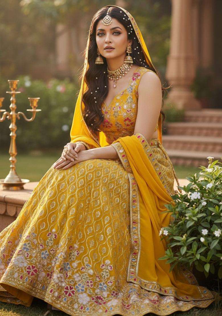 Yellow Georgette Lehenga Set with Embroidery for Diwali | Wedding & Festive Wear - Indya