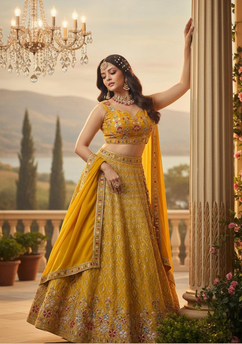 Yellow Embroidery Georgette Lehenga Set - Indya