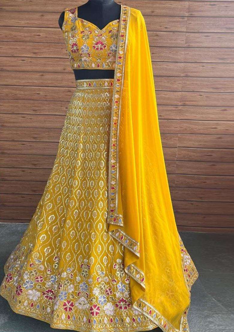 Yellow Georgette Lehenga Set with Embroidery for Diwali | Wedding & Festive Wear - Indya