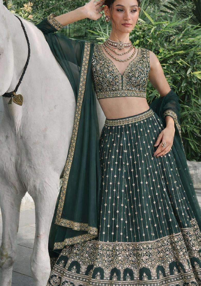 Light Green Embroidery Georgette Lehenga Set for Diwali and Festive Wear - Indya