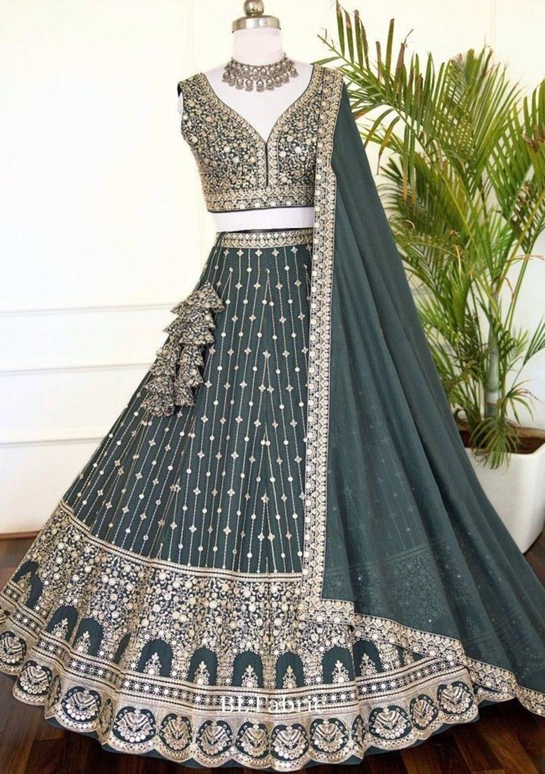Light Green Embroidery Georgette Lehenga Set - Indya