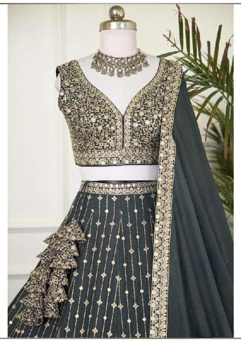 Light Green Embroidery Georgette Lehenga Set for Diwali and Festive Wear - Indya