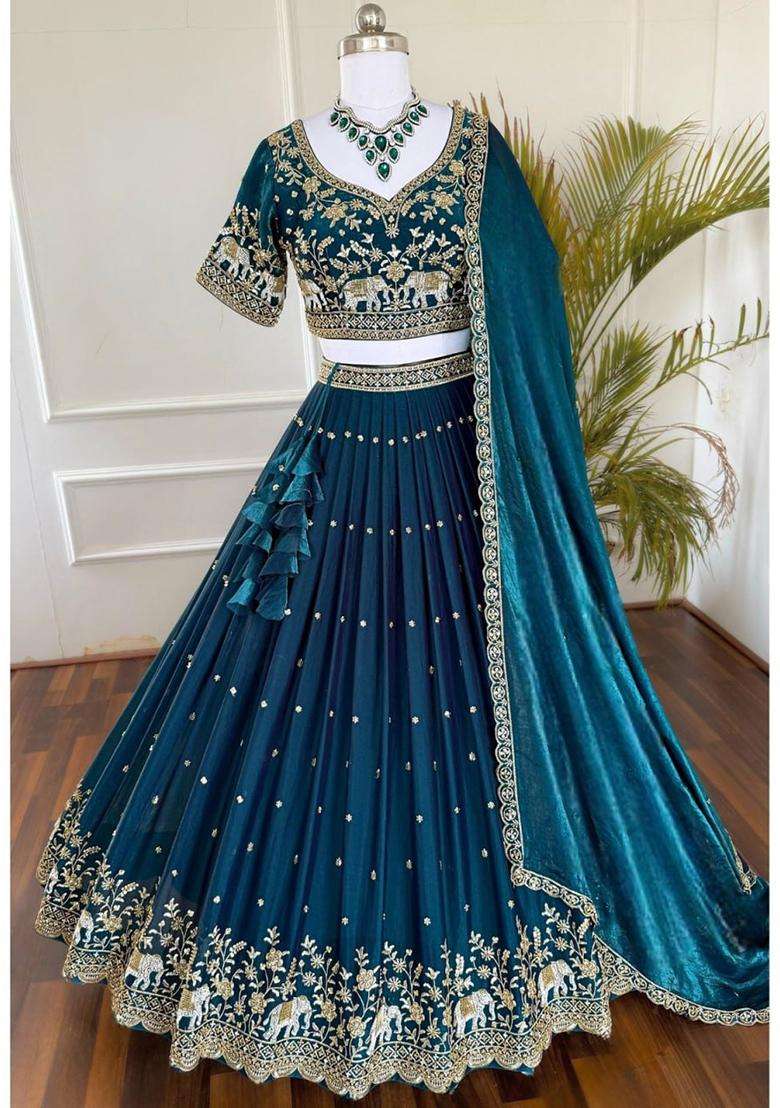 Morpich Silk Blend Lehenga Set with Embroidery for Diwali | Wedding & Festive Wear - Indya