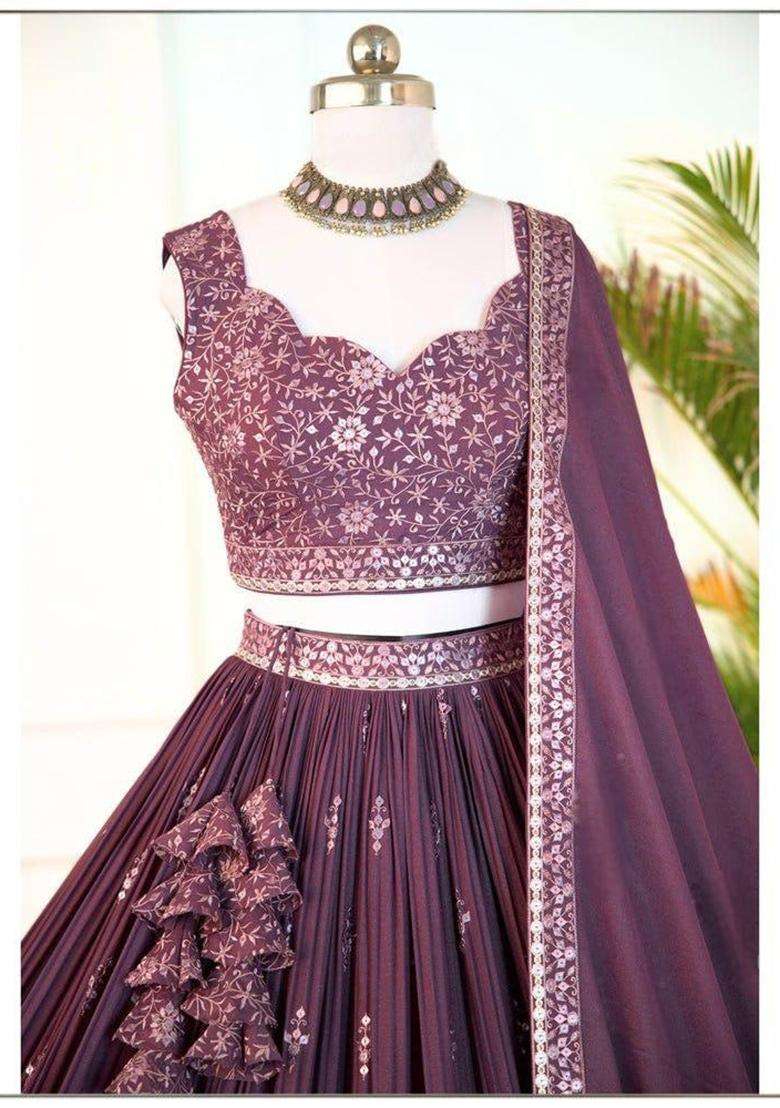 Rose Brown Georgette Lehenga Set with Embroidery for Diwali | Wedding & Festive Wear - Indya