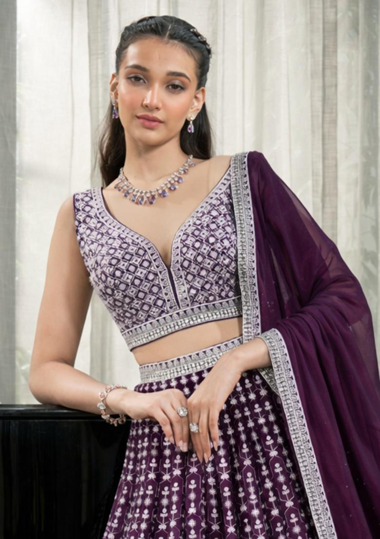 Purple Embroidery Georgette Lehenga Set - Indya