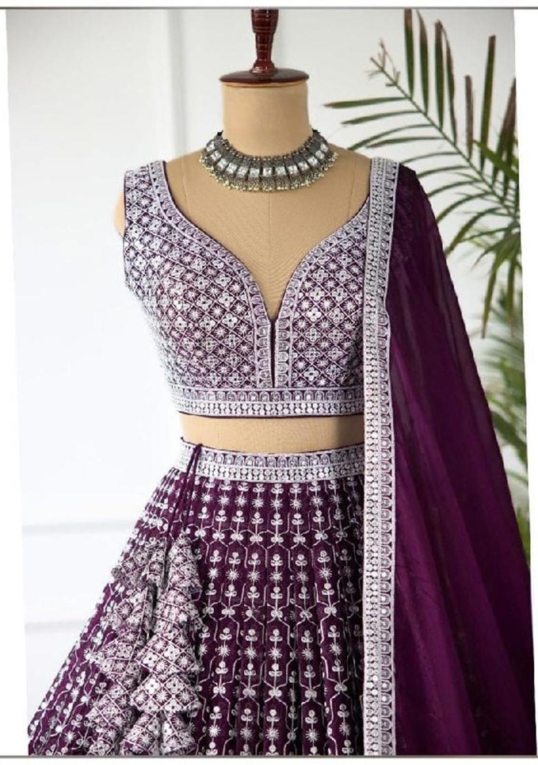 Purple Embroidery Georgette Lehenga Set - Indya