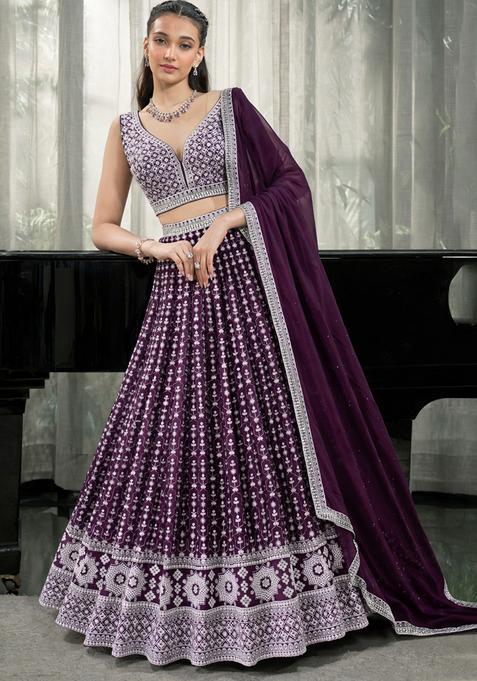 Purple Embroidery Georgette Lehenga Set
