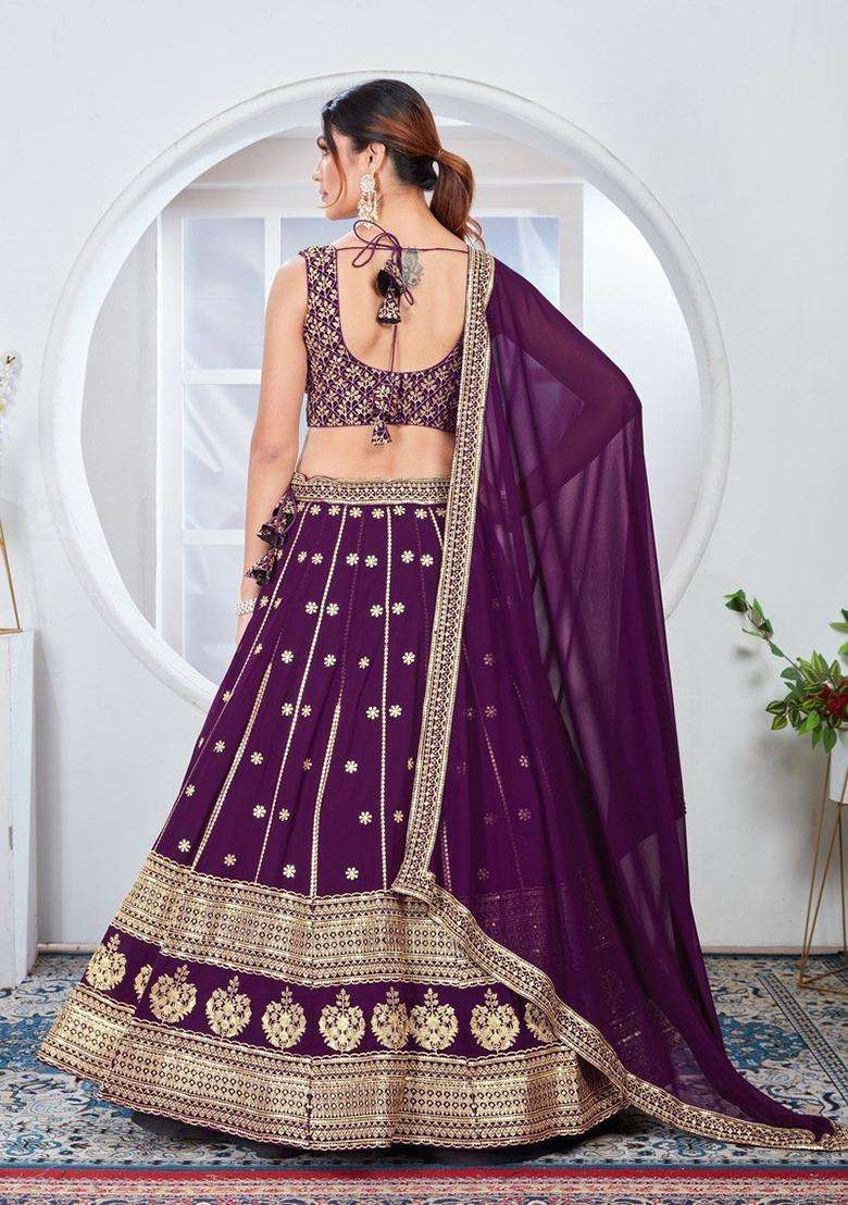 Purple Georgette Lehenga Set with Embroidery for Diwali | Wedding & Festive Wear - Indya