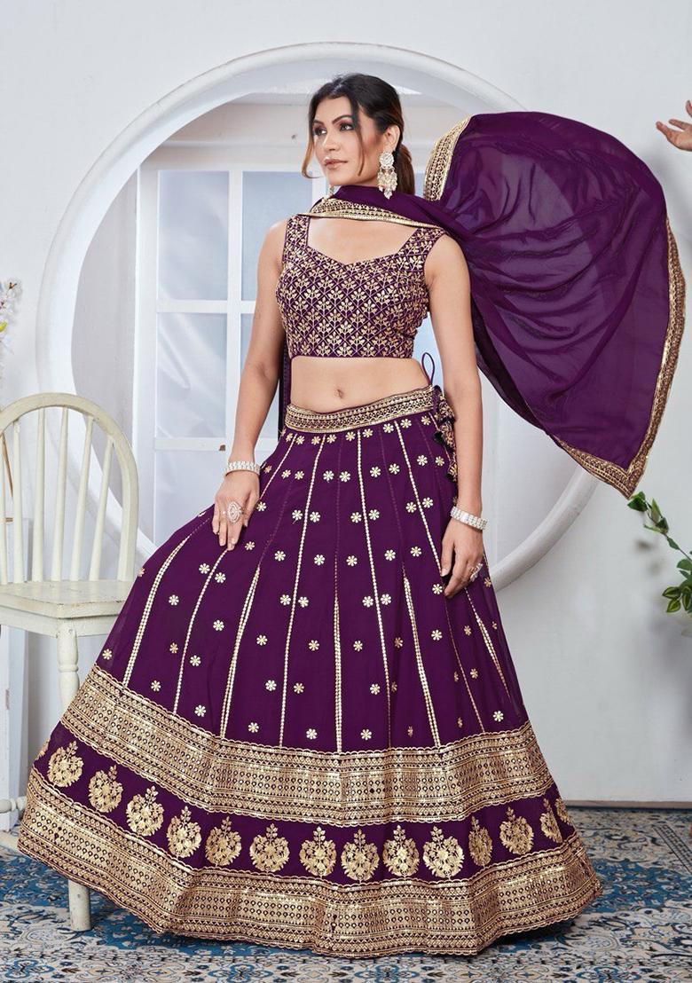 Purple Embroidery Georgette Lehenga Set - Indya
