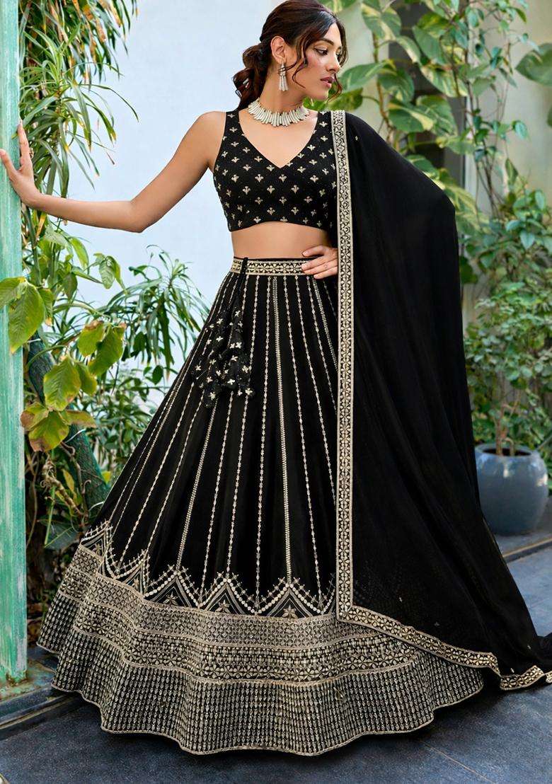 Black Embroidery Georgette Lehenga Set for Diwali and Festive Wear - Indya