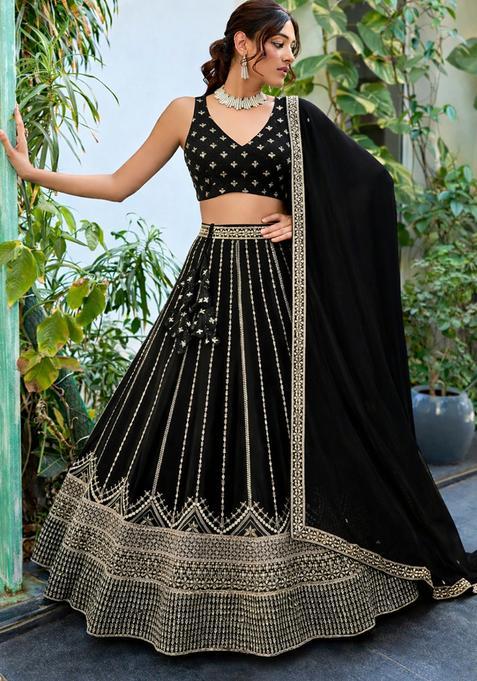 Black Embroidery Georgette Lehenga Set