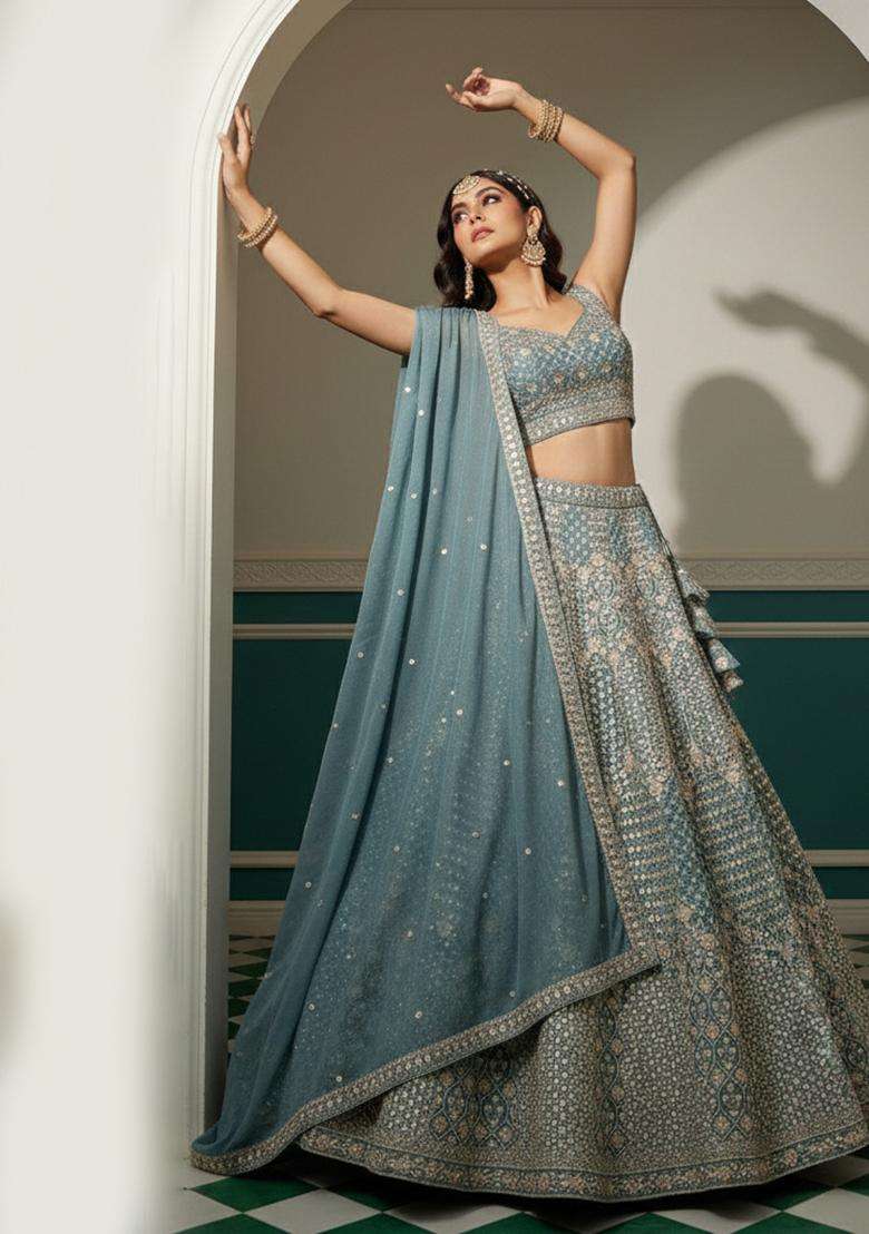 Blue Georgette Lehenga Set with Embroidery for Diwali | Wedding & Festive Wear - Indya