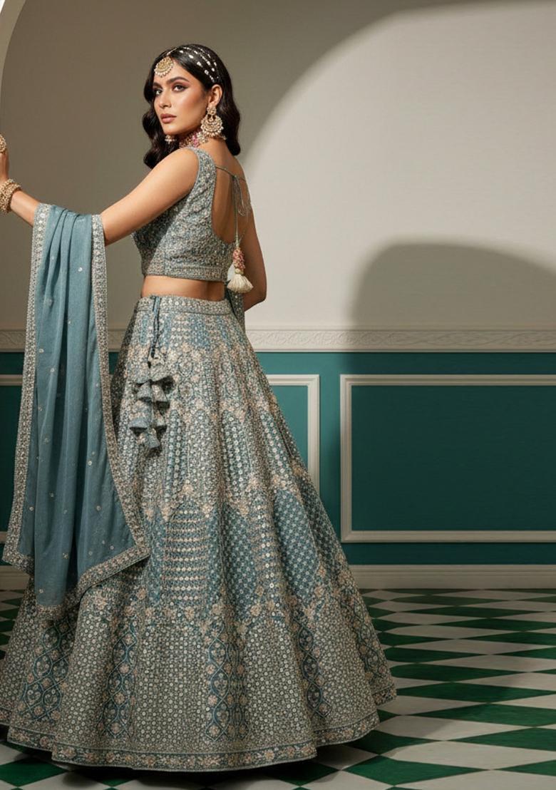 Blue Embroidery Georgette Lehenga Set - Indya