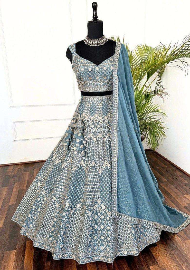 Blue Georgette Lehenga Set with Embroidery for Diwali | Wedding & Festive Wear - Indya