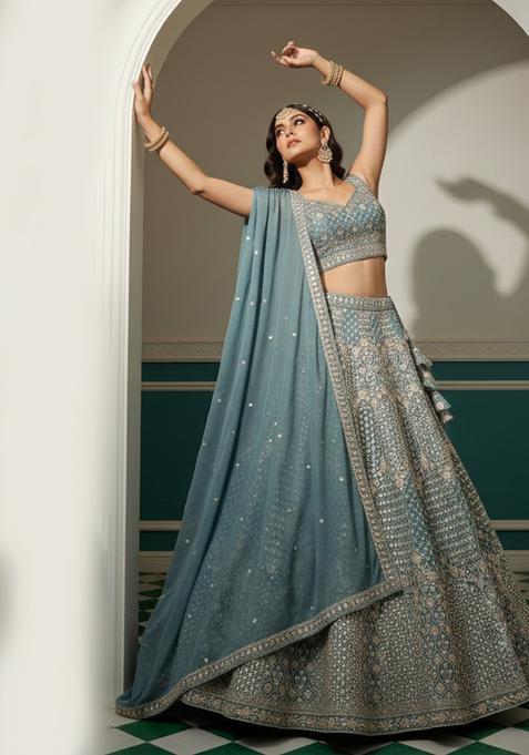 Blue Embroidery Georgette Lehenga Set