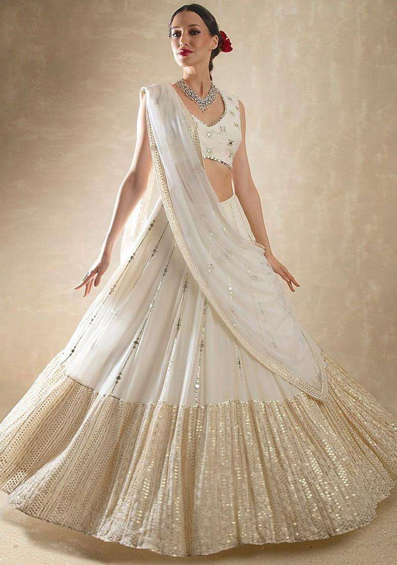 Off White Georgette Lehenga Set with Embroidery for Diwali | Wedding & Festive Wear - Indya