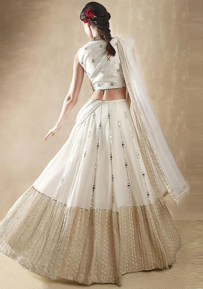 Off White Embroidery Georgette Lehenga Set - Indya