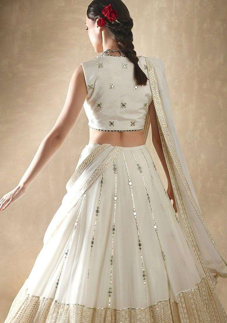 Off White Georgette Lehenga Set with Embroidery for Diwali | Wedding & Festive Wear - Indya