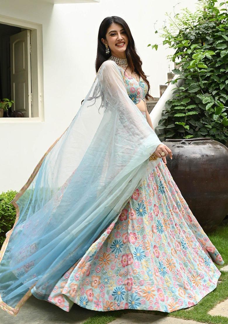 Multicolor Printed Silk Lehenga Set - Indya